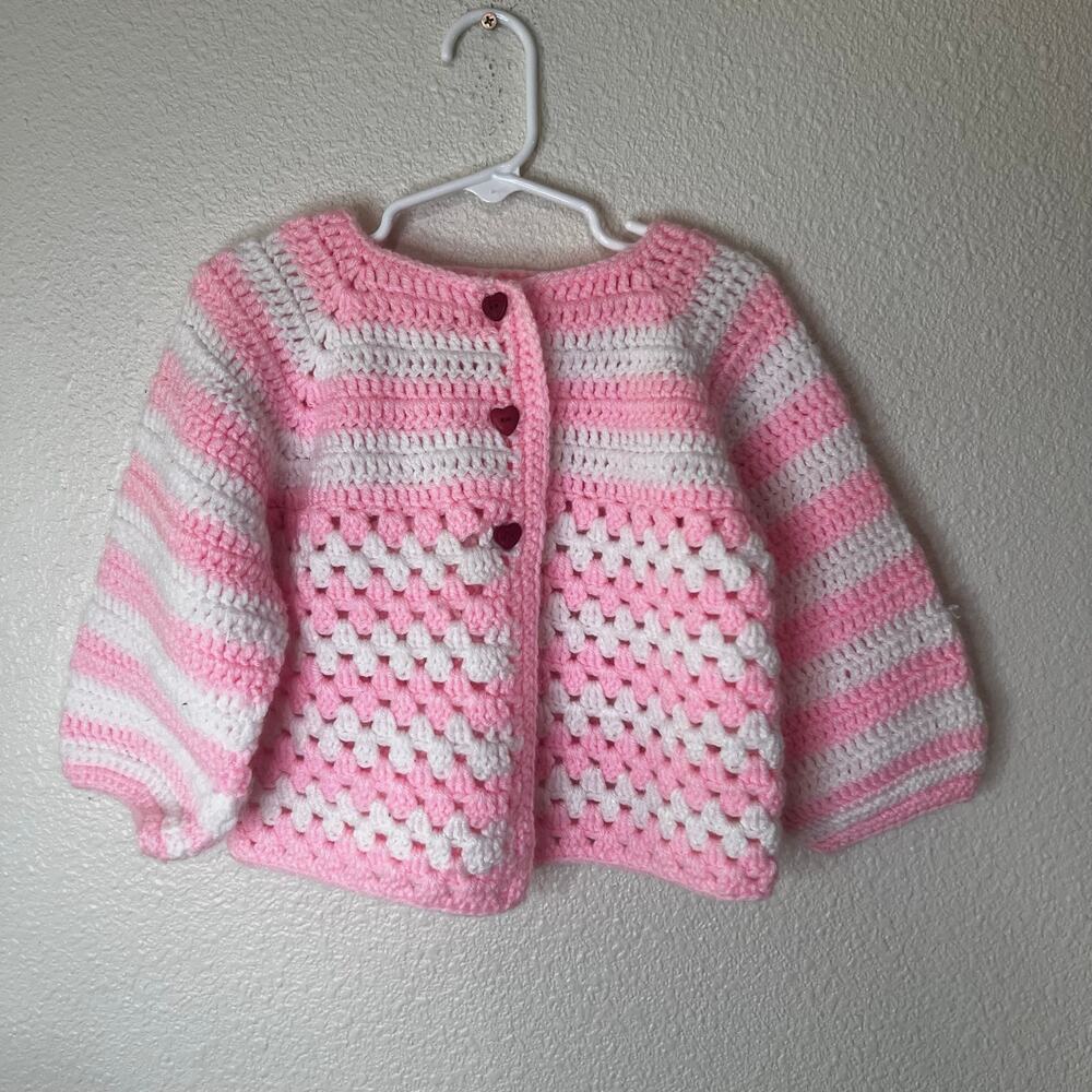 handmade crochet pink and white popcorn pattern baby cardigan sweater 2 YEARS